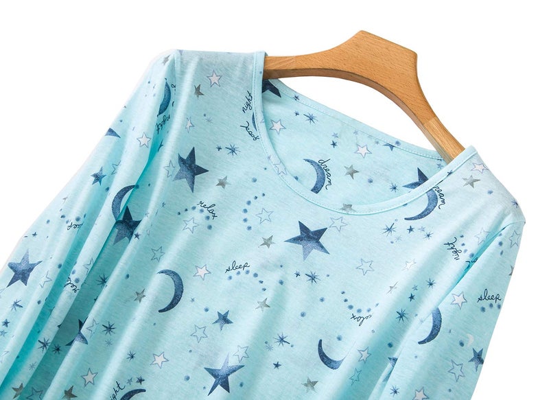 CHUNG Women's Cotton Nightgowns Long Sleeve Crew Neck Lovely Print Sleep Dress,Green Star,77-M - Image 5